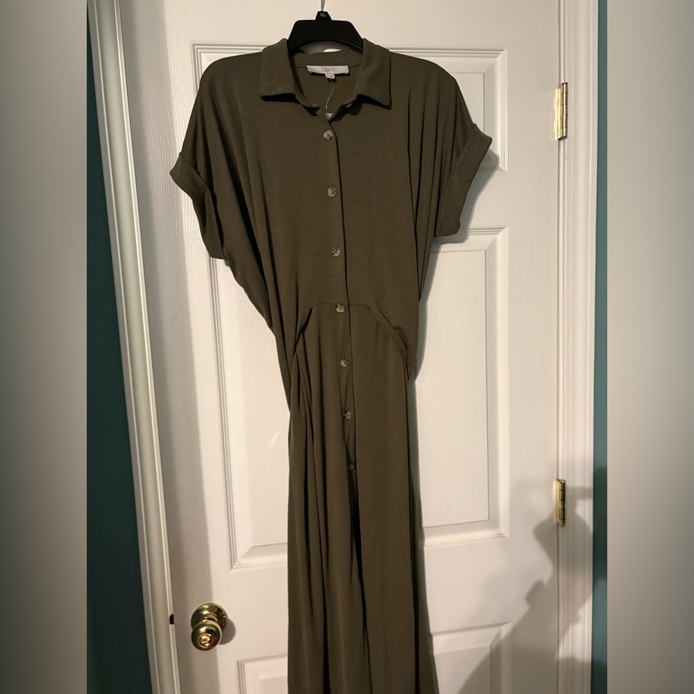 LOFT olive green Maxi Dress with Notched Collar and Dolman Sleeves